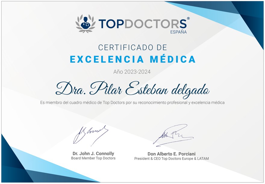 Certificado de Excelencia Médica 2023-2024 otorgado por Top Doctors España a la Dra. Pilar Esteban Delgado.